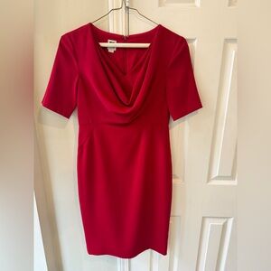Ann Klein Woman’s Red Knee Length Sheath Dress With Draped Cowl Neck Size 4